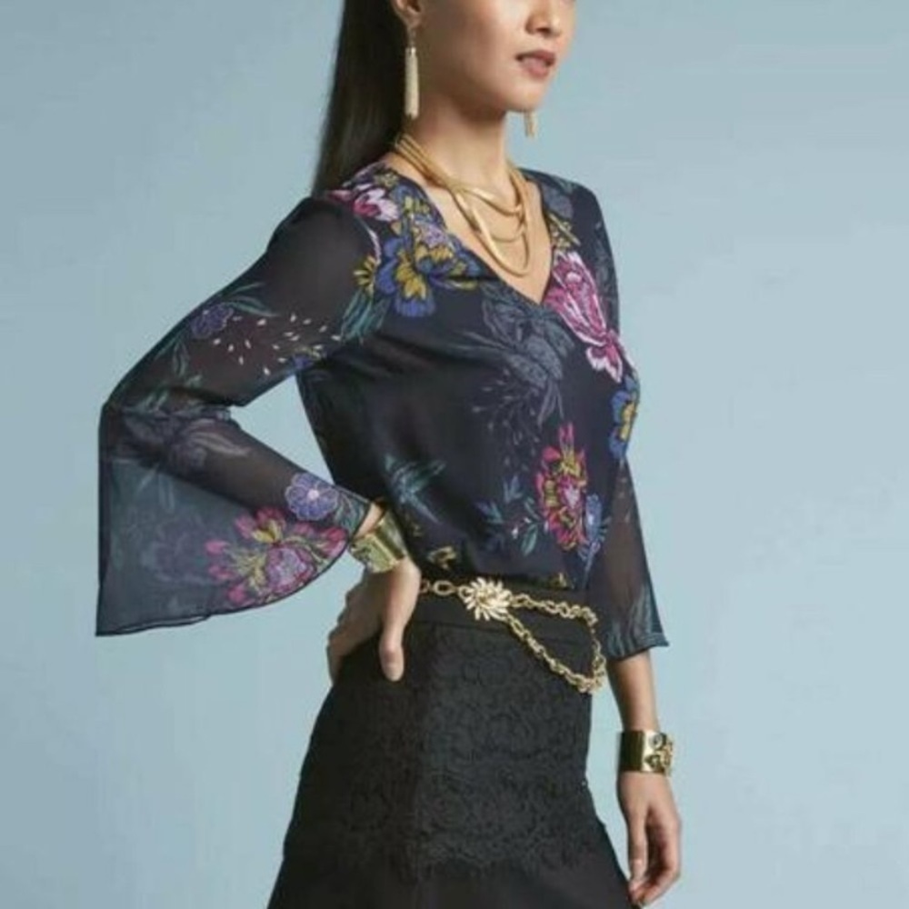 Cabi | Olivia Floral Blouse Bell Sleeve Black Sheer Size XS